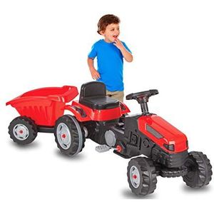 Jamara 460825 Strong Bull Tractor met aanhanger, kantelbeveiliging, aandrijving door trappen van de pedalen, soepel lopend stuursysteem, verstelbare zitting, claxon, maximaal gewicht 60 kg, rood