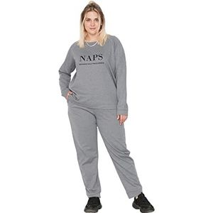 Trendyol Vrouwen Met Slogan Gebreide Sweatshirt-Joggingbroek Plus Size Pyjama Set, Grijs, 6XL grote maten