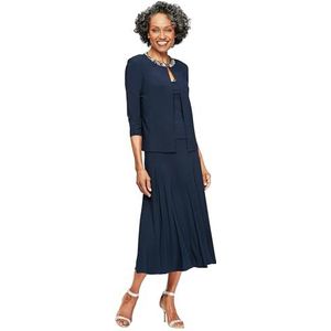 Alex Evenings Women's Petite 2 Piece Tea Length Jacket Dress with Sequin Beaded Trim, Navy, 12P
