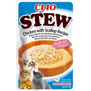 INABA Churu Stew Stoofpot voor katten, recept snacks, kip/sint-jakobsschelp, rijke en romige onderscheidingen, graanvrij, conserveringsmiddelen, kleurstoffen, weinig calorieën, 40 g