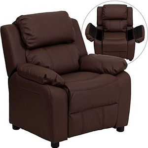 Flash Furniture Deluxe gewatteerde eigentijdse kinderfauteuil met opbergarmen, leer, bruin, 66,04 x 53,34 x 53,34 cm