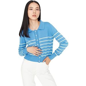 Trendyol Dames Polo hals Gestreepte Regular Cardigan Sweater, Blauw, L, Blauw, L