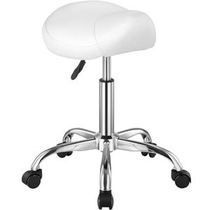 VEVOR Zadelkruk met wielen, 204 kg gewichtscapaciteit, ergonomische rolkruk, in hoogte verstelbaar, verdikte PU-lederen draaibare zadelstoel voor salon, spa, massage, tatoeage, kliniek, wit