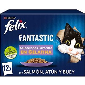 Purina Felix Fantastic Natvoer voor volwassen katten, 6 verpakkingen met 12 zakjes van 85 g, 72 zakjes