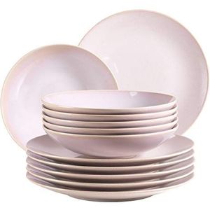 MÄSER 931553 Ossia, bordenset voor 6 personen in mediterrane vintage look, 12-delig modern tafelservies met soepborden en platte borden in roze, keramiek