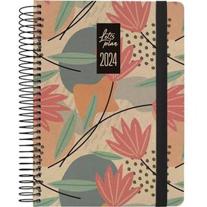 Grafoplás | Dagplanner 2024 | 15 x 21 cm | Spaans | Model Design Bloemen | Serie Nature | Hardcover | Omslag van kraftpapier en 100% gerecycled karton, elastische sluiting | stevige kaft