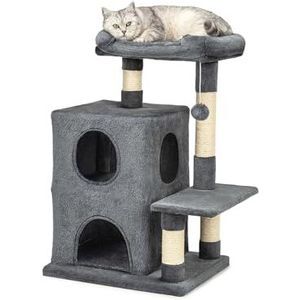 lionto krabpaal voor katten met 2 grotten & comfortabele ligplaats, hoogte 80 cm, kattenboom met pluchen bal incl. belletje, met sisaltouw & pluche, geschikt voor kleine & grote katten, donkergrijs