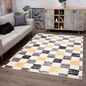 carpet city Tapijtloper Shaggy hoogpolig - ruitpatroon 80x300 cm crème grijs geel - tapijten geruit woonkamer