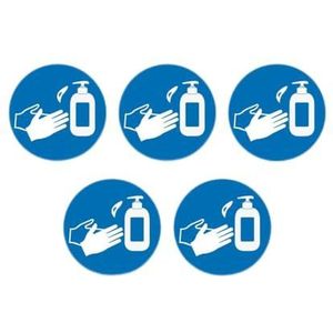 AUA SIGNALETIQUE Set van 5 stickers Verplichting om handen te ontsmetten Ø 125 mm Wit