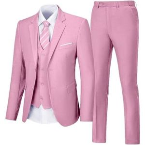 Herenpak, 3-delig, slimfit, smoking, bruiloft, bruidsmeisje, afstudeerfeest, casual, zakelijke jas, vest, broek, set, roze, maat M, Roze, M