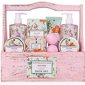 Accentra Cadeauset Vintage Florals Bad- en doucheset met wilde rozengeur, 8-delige cadeauset in decoratieve houten mand in shabby look