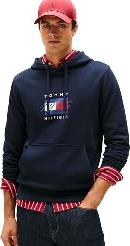 Tommy Hilfiger Heren LINEAR FLAG GRAPHIC HOODIE MW0MW41332 Pullover Hoodie, Blauw, XS, Blauw (Woestijnhemel), XS