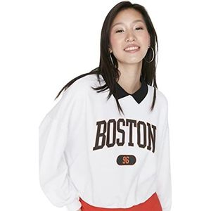Trendyol Dames Wit Bedrukt Boyfriend Rogged Gebreide Sweatshirt, XL