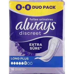 Always Discreet Long Plus maandverband voor urineverlies voor dames, 16 handdoeken, extra veilige en optimale discretie