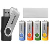 Intenso Basic Line USB-sticks, 5 x 16 GB, USB 2.0, met praktische etiketten, geel, groen, zwart, blauw + oranje, met zilveren metalen beugel, verpakking van 5 stuks