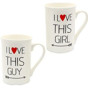 Dekohelden24 Set van 2 koffiemokken koffiekopjes van porseleinmotief: I Love Guy, I This Girl-H/Ø: 10,5 x 7 cm, inhoud 250 ml, vaatwasmachinebestendig, 10,5 cm