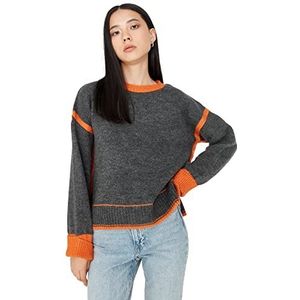 Trendyol Damessweater met ronde hals Colorblock Regular Sweater, antraciet, L, Antraciet, L