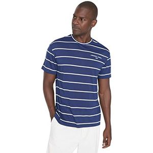 Trendyol Heren Lacivert Male Oversize Fit Gestreept T-Shirt, Navy, S