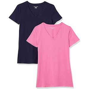 Amazon Essentials Women's T-shirt met korte mouwen en V-hals in klassieke pasvorm, Pack of 2, Marineblauw/Roze, S