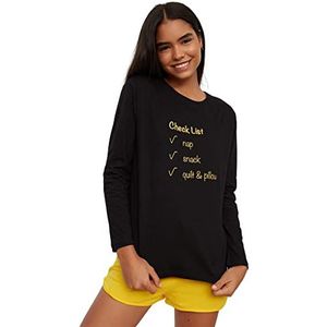 Trendyol Dames vrouw met slogan geweven pyjamaset, geel, S, Geel, S