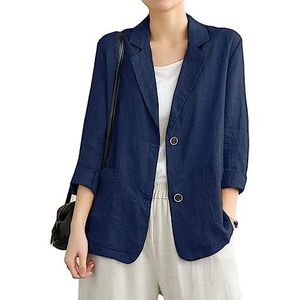 Cotton Linen Blazer for Womens Long Sleeve Loose Casual Blazer Jackets(Navy, L)