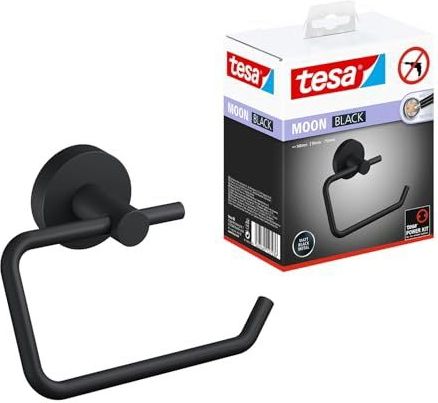 tesa® MOON BLACK Toiletrolhouder, mat zwart - Wc-rolhouder Zonder Deksel voor Badkamers in Industriële en Moderne Stijl - Zonder Boren, Zelfklevend - 99 mm x 140 mm x 53 mm
