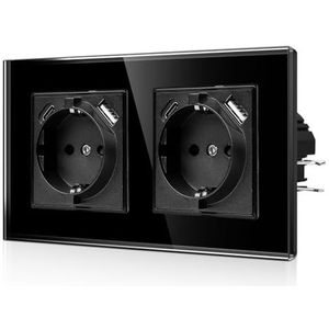 CNBINGO JFGM2 Dubbel USB-stopcontact met klauwen - glazen Schuko-stopcontact, inbouw met USB-aansluiting - 2 x (type C en USB-A max. 2,1 amp) - tweevoudig zwart wandcontactdoos met kinderbeveiliging