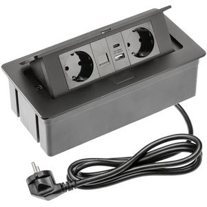 GTV – Inbouwcontactdoos MULTISOFT zwart met 2 x Schuko, USB A+C, RJ45, intrekbaar met afdekking, 1,5 m kabel, ideaal voor bureau, vergadertafel of keukenwerkblad
