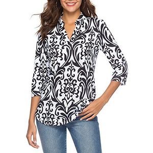CEASIKERY Women's 3/4 Sleeve Floral V Neck Tops Casual Tunic Blouse Loose Shirt 005 Black