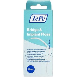 TePe Bridge & Implant Floss, 30st, dik sponsachtig flosdraad met stevige uiteinden geschikt voor beugels, bruggen en implantaten.