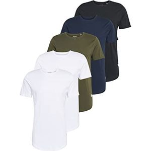 JACK & JONES Heren T-shirt Effen Ronde Hals T-Shirt, Wit/Detail:2 Wit - 1 Zwart - 1 Navy -1bos, L
