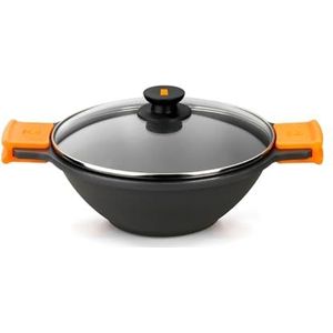 BRA Efficient Wok, met glazen deksel, siliconen handgrepen en rooster, van gegoten aluminium, met Teflon Platinum Plus anti-aanbaklaag