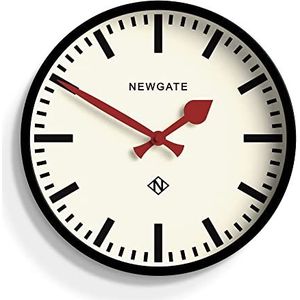 NEWGATE® The Bagage Metalen Wandklok Wandklokken - Designer Station Clock - Perfect als een keukenklok - Kantoorklok - Ronde klok - Retro klok - Metalen klok - Zwarte Case/Rode handen