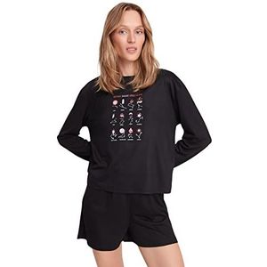 Trendyol Dames met slogan Midden Gebreid T-shirt-Korte Pyjama Set, Zwart, S