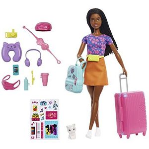 Barbie pop en accessoires, Barbie 'Brooklyn' Roberts-pop met katje, 10+ reisaccessoires en stickervel, Leven in de stad HGX55
