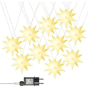 AMARE LED 10-delige sterren-lichtketting wit diameter van de sterren elk 12 cm, lengte van de ketting 6,75 m (plus 5 m voedingskabel), LED-kleur warmwit, voor binnen en buiten, timer