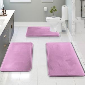 Clara Clark 3-delige badkamermatten badmatset, fluwelen traagschuim badmatten voor badkamer - antislip, PVC-rugbadtapijten, wasbare badkamertapijtmatten - droogt snel, lavendelkleurige