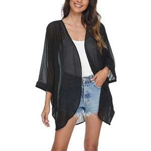 olrain Dames bloemenprint pure chiffon losse kimono vest capes, Zwart-1, XL
