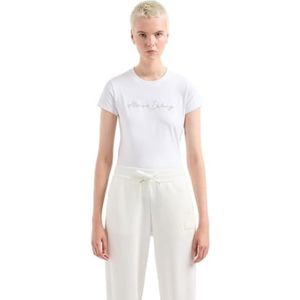 Armani Exchange Dames Rhinestone Script Logo Cotton Crewneck T-Shirt Optic White, S, optic white, S