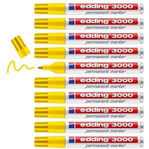 edding 3000 permanent marker - geel - 10 stiften - ronde punt 1,5-3 mm - sneldrogende permanent marker - water- en wrijfvast - voor karton, kunststof, hout, metaal - universele marker