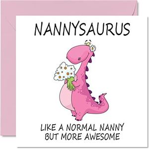 Verjaardagskaarten voor Nanny - Nannysaurus - Nanny Moederdag kaart van kleindochter kleinzoon, gelukkige verjaardag oppas, Nan dinosaurus verjaardagskaart, 145mm x 145mm seizoensgebonden Nannie Nanna grappige wenskaarten