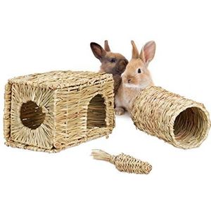 Relaxdays konijnen speelgoed, set van 3, grashuis, tunnel & wortel van stro, kooiaccessoires, knaagdieren, cavia, natuur