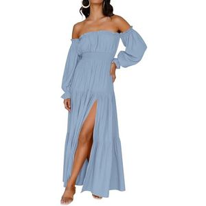 ZESICA Vrouwen 2025 Boho Sexy Off Shoulder Lange Mouw Gesmokte Hoge Taille Zijsplit Vloeiende A-lijn Gelaagde Lange Maxi Jurk, Lichtblauw, M