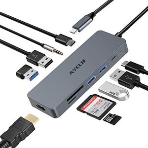 10-in-1 USB C-adapter, AYCLIF USB C-hub voor MacBook Pro/Air iPad Pro, HDMI 4K dockingstation voor Surface Pro 8, Dell, HP (PD 100 W, USB 3.0 TF)