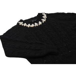 faina Dames gebreide trui met parel versierd met ronde hals ZWART maat XS/S, zwart, XS