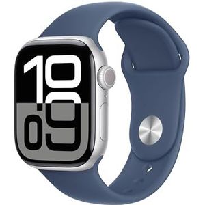 Apple Watch Series 10 (GPS 42 mm) Smartwatch - Kast van zilverkleurig aluminium - Denim sportbandje (M/L). Conditie bijhouden, Ecg-app, always on Retina-display, waterbestendig