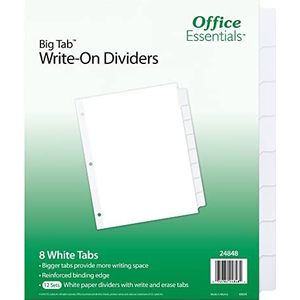 Office Essentials grote tab schrijfverdelers, 8-1/2"" x 11"", 8 tabbladen, witte tab, wit lichaam, 12 stuks (24848)