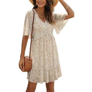Manydress Dames Zomer Bloemenprint V-hals Casual Mini Boho Ruches Swing Jurk MY068, Kleur: wit., S
