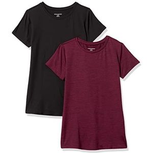 Amazon Essentials Dames Tech Stretch T-shirt met korte mouwen en ronde hals (verkrijgbaar in grote maten), 2-Pack, Bordeauxrood Ruimteverf/Zwart, XXL