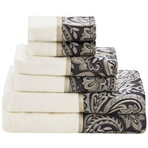 Madison Park Aubrey Luxe badhanddoekenset van 100% katoen, zeer absorberend, sneldrogend, jacquard paisley-ontwerp, hotel- en spa-kwaliteit voor badkamerdecoratie, meerdere maten, zwart, 6-delig